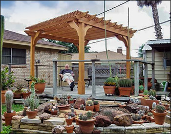 10 x 10 Treated Pine 2-Beam Pergola shown with Cedar Stain/Sealer, 3" Top Runner Spacing, and  Stainless Steel Hardware. 