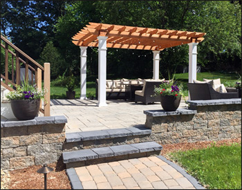 10 x 12 Red Cedar Solace Free Standing Pergola shown with Cedar Tone Stain/Sealer, 16" top runner spacing, and stainless steel hardware. 