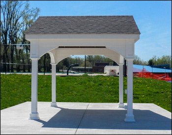 10 x 12 Vinyl Long Gable Ramada shown with Open Gable, No Deck, 6/12 Pitch Roof, 6x6 Posts, 6" High Post Trim, No Cupola.