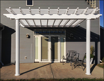 10 x 12 Vinyl Vintage Classic Wall Mount Pergola shown with stainless steel hardware, 6" top runner spacing, 6" round fluted columns, and no deck. 
