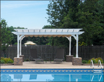 10 x 14 Vinyl Vintage Classic Pergola shown with stainless steel hardware,16" top runner spacing, decorative posts, no deck, and multi-rail canopy in Westfield Mushroom.