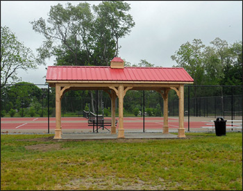  10 x 20 Cedar Gable Ramada shown with Open Gable, No Deck, 7 x 7  Laminated  Posts, 16" Post Trim, Cupola, 6/12 Roof Pitch, Dark Red Metal Roof and Stainless Steel Hardware.