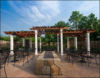 Custom Bi-Level 10 x 30 Cedar Solace Pergola with Grapevine Top Shade Panels,Two Custom Grapevine Privacy Panels, and Cedar Stain/Sealer .