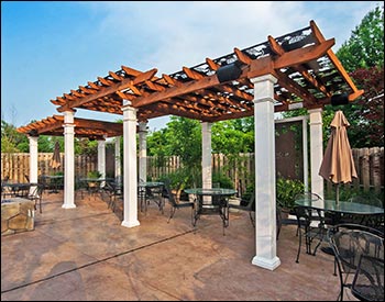 Custom Bi-Level 10 x 30 Cedar Solace Pergola with Grapevine Top Shade Panels,Two Custom Grapevine Privacy Panels, and Cedar Stain/Sealer .