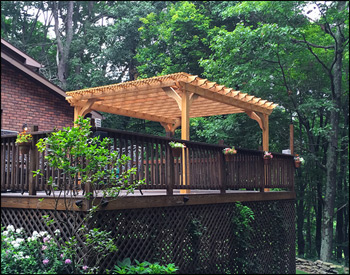 12 x 14 Treated Pine Vintage Classic Pergola shown with clear stain/sealer, galvanized hardware, lattice top, 16" top runner spacing, and no deck. 