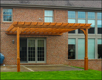 14 x 16 Cedar Single Beam Wall Mount shown with Cedar Stain/Sealer, 6" Top Runner Spacing, and No Deck.