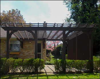 16 x 16 Cedar 2-Beam Pergola shown with Cabin Brown Stain, 12" Top Runner Spacing, Solid Wall, and No Deck. 