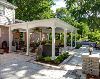  16 x 24 Vinyl Ramada shown with Rustic Slate asphalt shingles, 6x6 posts, vinyl finished ceiling, custom roof pitch.  Customer supplied fan and lighting.