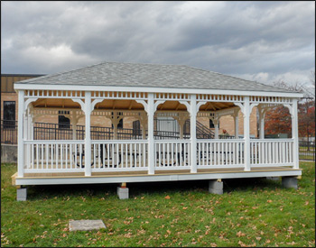 16 x 24 Vinyl Rectangular Gazebo shown with Standard White Vinyl, Treated Pine deck, 1x1 Standard Railings, Standard Braces, Straight Fascia, 4x4 Runners, Additional Entrance,and Old English Pewter Asphalt Shingles. 