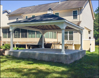 16 x 16 White Vinyl Ramada shown with Unstained Ceiling, Dual Black Asphalt Shingles.