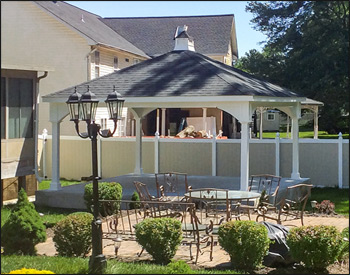 16 x 16 White Vinyl Ramada shown with Unstained Ceiling, Dual Black Asphalt Shingles.