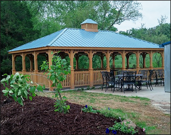   18 x 30 Treated Pine Rectangular Gazebo shown with Cupola, Blue Metal Roof, and Clear Stain/Sealer.