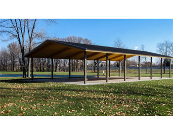 30 x 52 Wood Gable Rectangular Savannah Pavilion shown with Tube Steel Columns, 26 Gauge Metal Roofing, 3:12 Roof Pitch, Factory Stain, and No Cupola. 