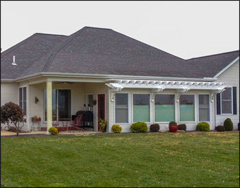 3 x 24 Vinyl Eyebrow Pergola shown with 16" Main Runner Spacing, 3" Top Runner Spacing, Galvanized Hardware, and Extra Brace