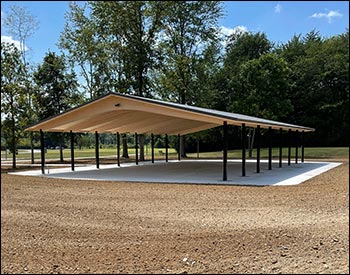 40 x 60 Wood Gable Rectangular Savannah Pavilion Shown With Black Tube Steel Columns, White Birch Factory Stain, Charcoal Metal 26 Gauge Roofing, and No Cupola.