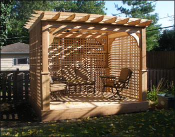 8 X 10 Cedar Deluxe 4 Beam Pergola With Cedar Deck, 3 Lattice Walls and Customer Supplied Furniture