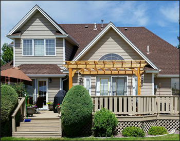 9 x 10-9" Cedar Vintage classic wall mount pergola shown with Clear Stain Sealer, No Deck, Galvanized Hardware, and 16" Top Runner Spacing.