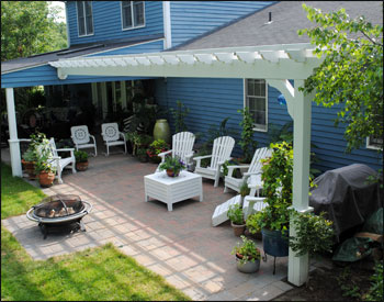 Custom 14 x 26 Treated Pine Pergola Shown with Custom Wall Mount, White Paint, and 36" Post Trim