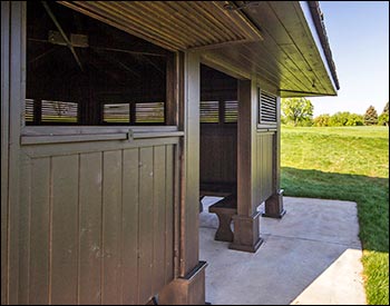 Custom 21’ x 21’ Cedar Marquee Shelter with Customer-Supplied Stain, Custom Shutters, and Cedar Rails