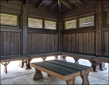 Custom 21’ x 21’ Cedar Marquee Shelter with Customer-Supplied Stain and Custom Benches