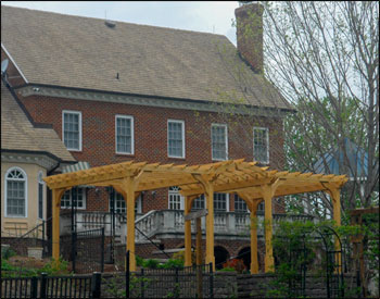 Custom Treated Pine Center Arch 2-Beam With 8x12 Pergola shown with 16" Top Runner Spacing, No 36" Post Trim, and Clear Stain Sealer