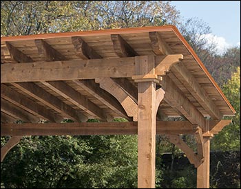 Roof Detail of 12 x 16 Rustic Santa Barbara Pergola shown with Clear Stain/Sealer and Copper Metal Roof.