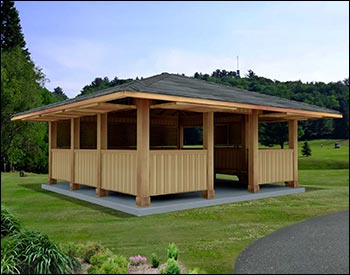 24’ x 24’ Red Cedar Marquee Shelter shown with 4/12 Pitch Roof, Black Asphalt Shingles, and Custom Shutter Placement