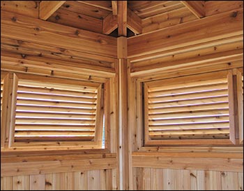 Close Up of Unstained Red Cedar Marquee Shelter Closed Windows