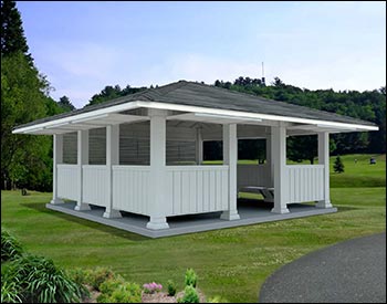 24’ x 24’ White Vinyl Marquee Shelter shown with 4/12 Pitch Roof, Black Asphalt Shingles, and Custom Shutter Placement