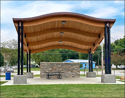 30 x 30 Lam-Wood Long Island Wave Bandshell shown with Powder Coated Tube Steel Quad Columns and 26 Gauge Exposed Fastener Metal Roofing (Front View)