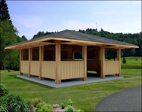 24’ x 24’ Red Cedar Marquee Shelter shown with 4/12 Pitch Roof, Black Asphalt Shingles, and Custom Shutter Placement