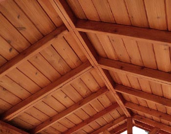 Red Cedar Tongue and Groove Roof Decking shown on a Gable Ramada with Cedar Stain