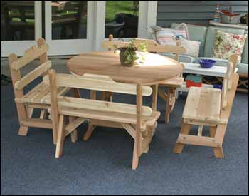 Red Cedar Round Trestle Table w/ Tab Backed Benches