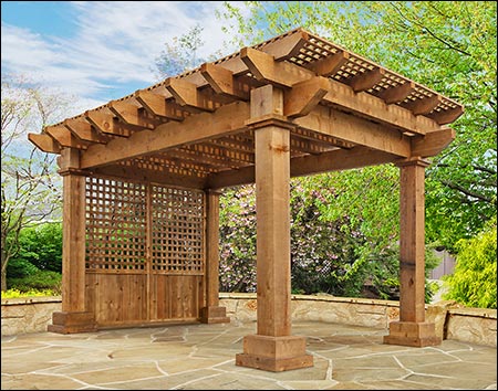 10' x 18' Rustic Red Cedar Vintage Classic Pergola shown with Clear Stain/Sealer and Optional Lattice Top and Solid Half Wall w/ Lattice Privacy Panels.